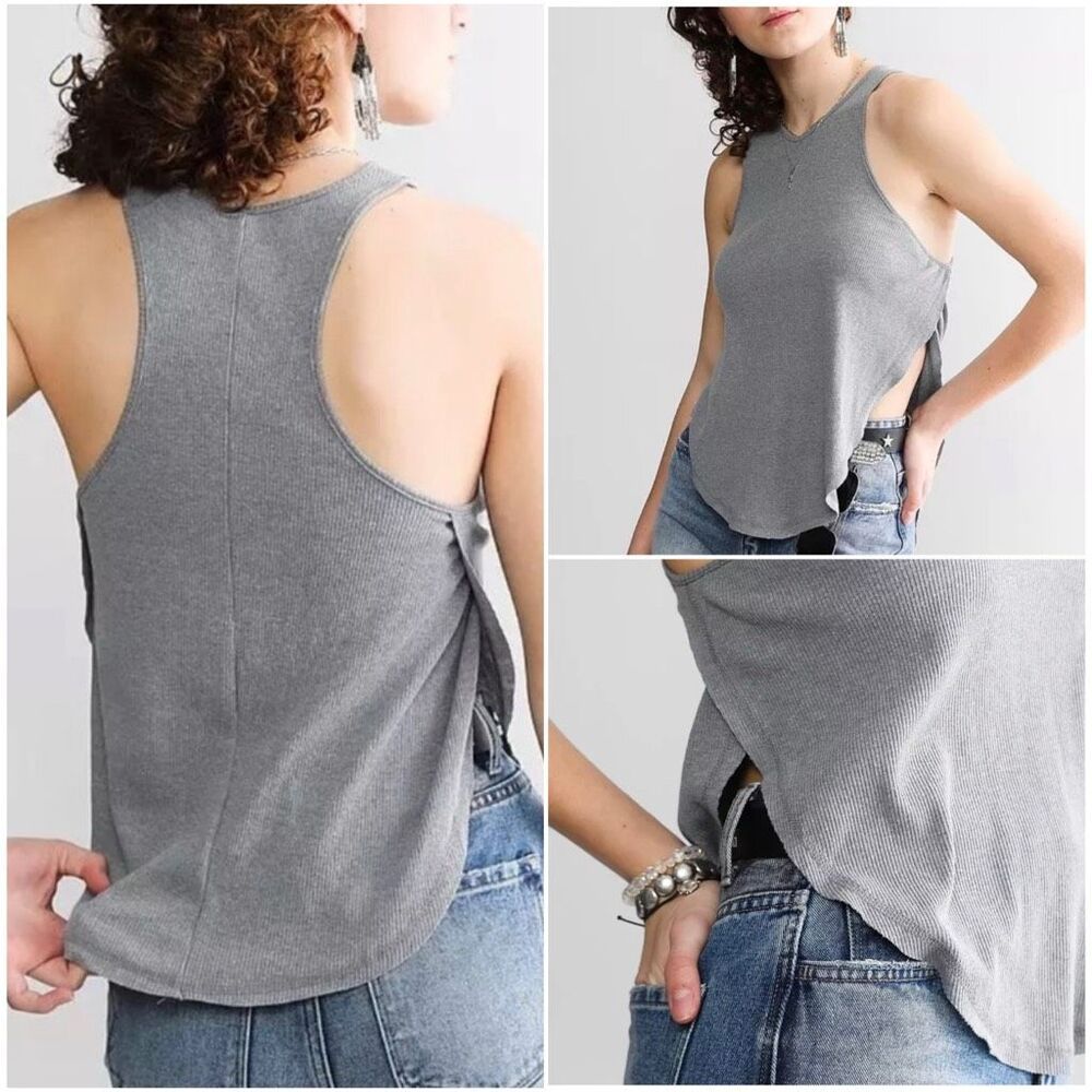 Free People X Intimately Out The Door Tank gray Ribbed V Neck XL NEW